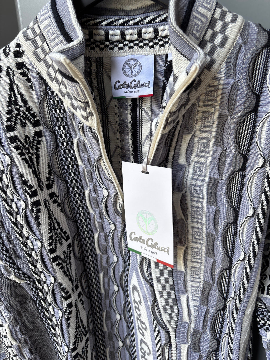 Carlo Colucci Strickjacke – Blau/Grau/Weiß – Jacquard-Muster – Zip Cardigan