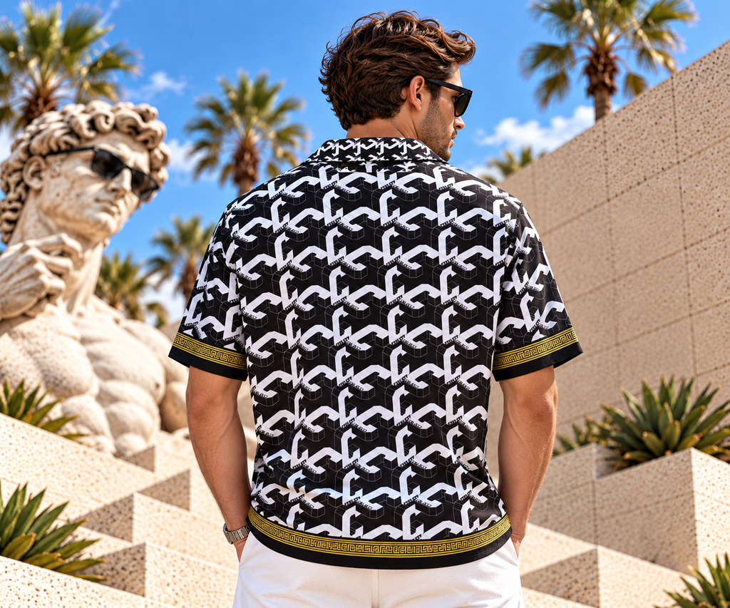 Carlo Colucci Kurzarmhemd Schwarz-Weiß – Geometric Pattern – Gold Details