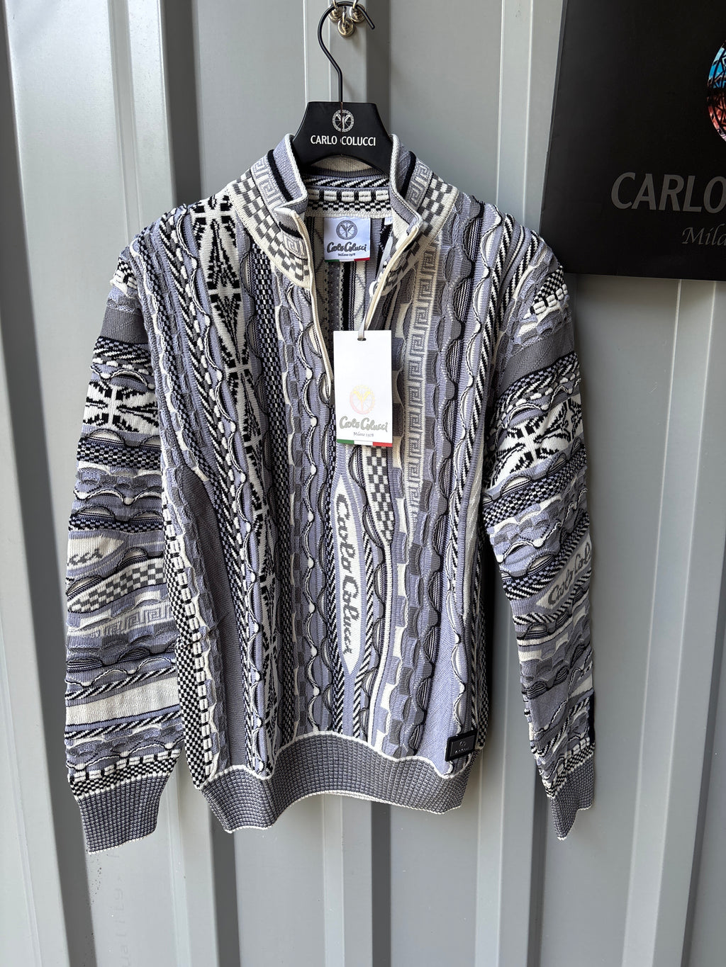 Carlo Colucci Strickjacke – Blau/Grau/Weiß – Jacquard-Muster – Zip Cardigan