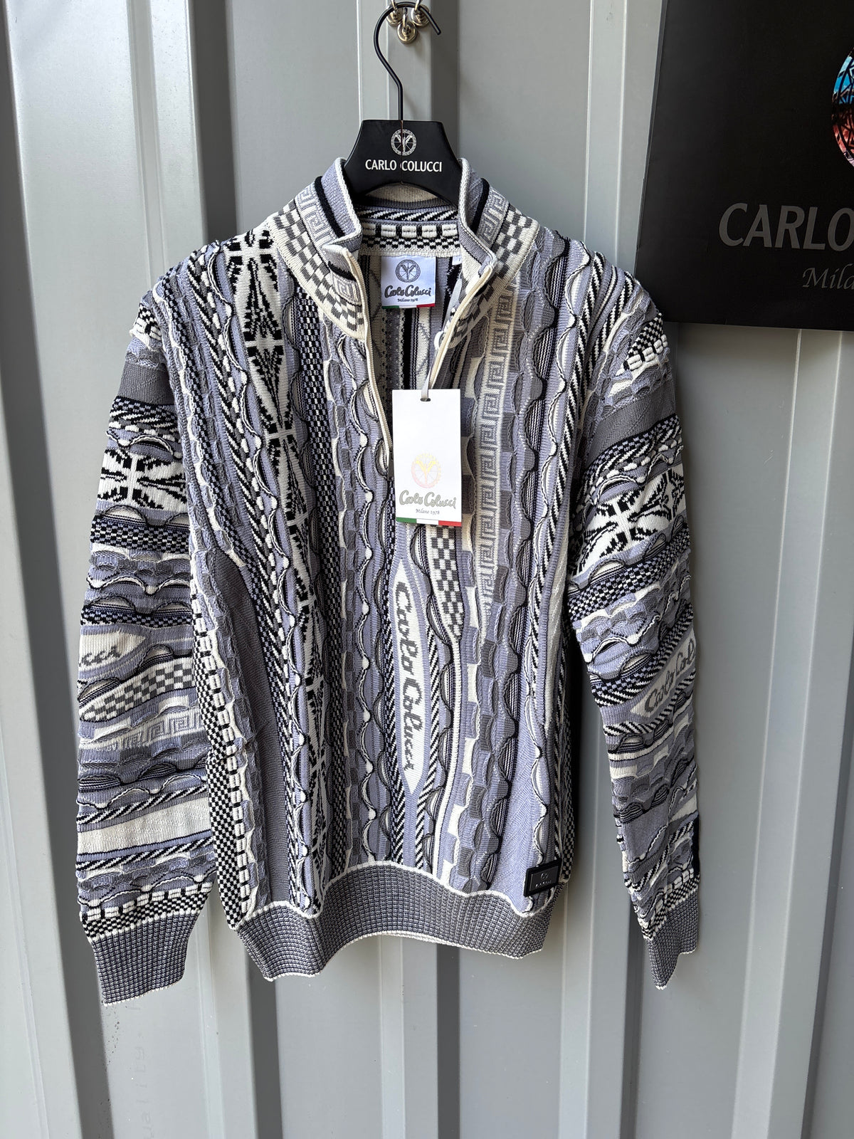 Carlo Colucci Strickjacke – Blau/Grau/Weiß – Jacquard-Muster – Zip Cardigan