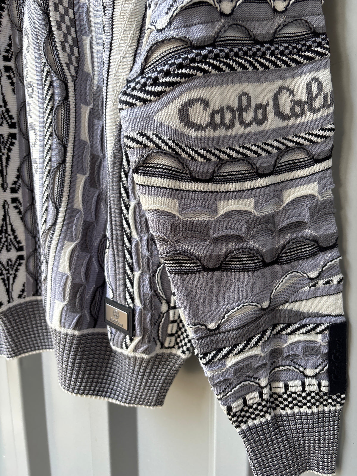 Carlo Colucci Strickjacke – Blau/Grau/Weiß – Jacquard-Muster – Zip Cardigan