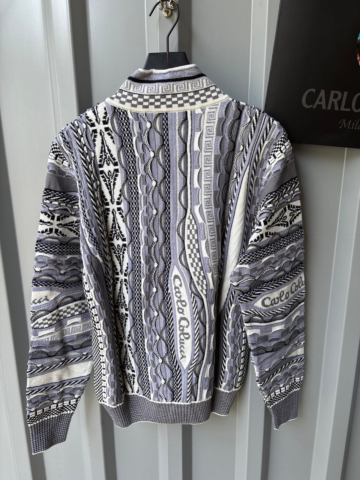 Carlo Colucci Strickjacke – Blau/Grau/Weiß – Jacquard-Muster – Zip Cardigan
