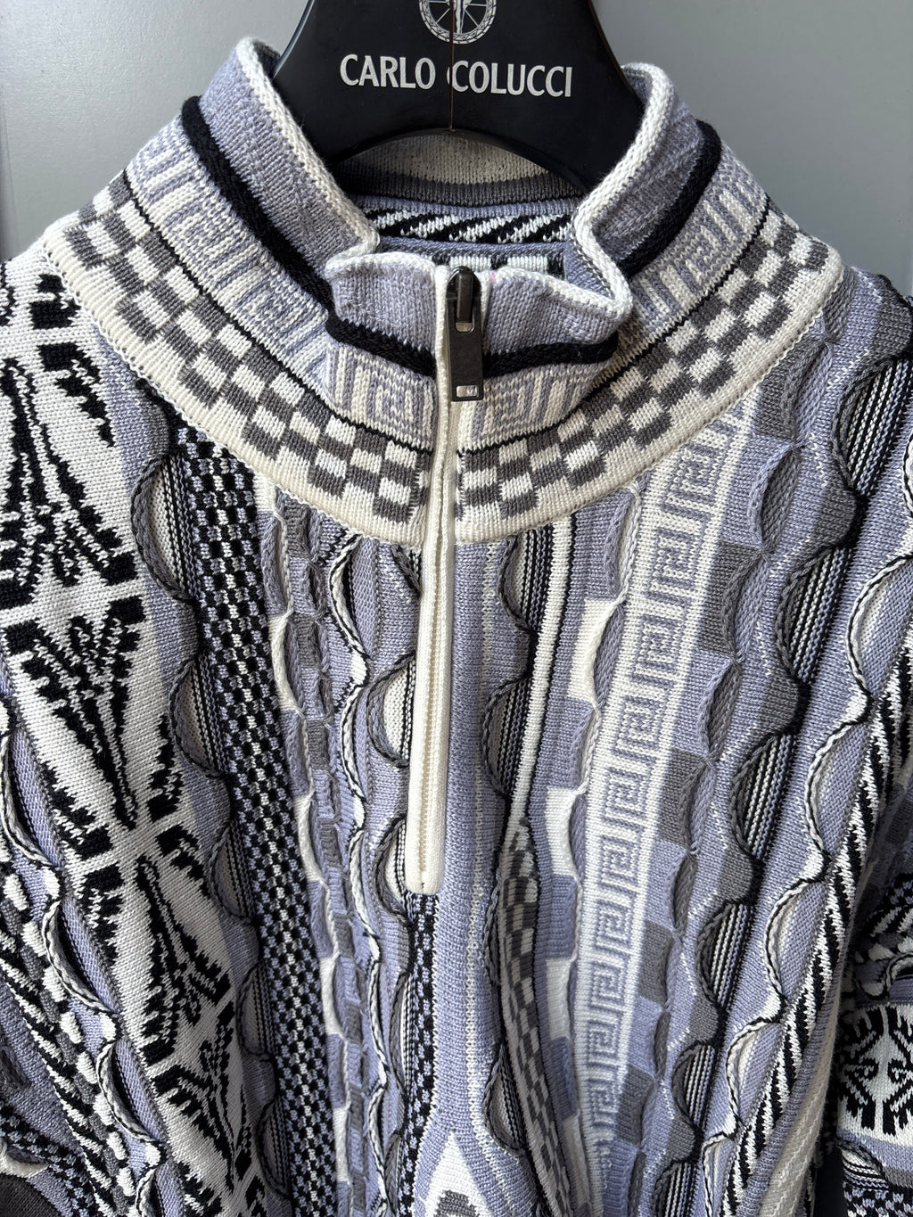 Carlo Colucci Strickjacke – Blau/Grau/Weiß – Jacquard-Muster – Zip Cardigan