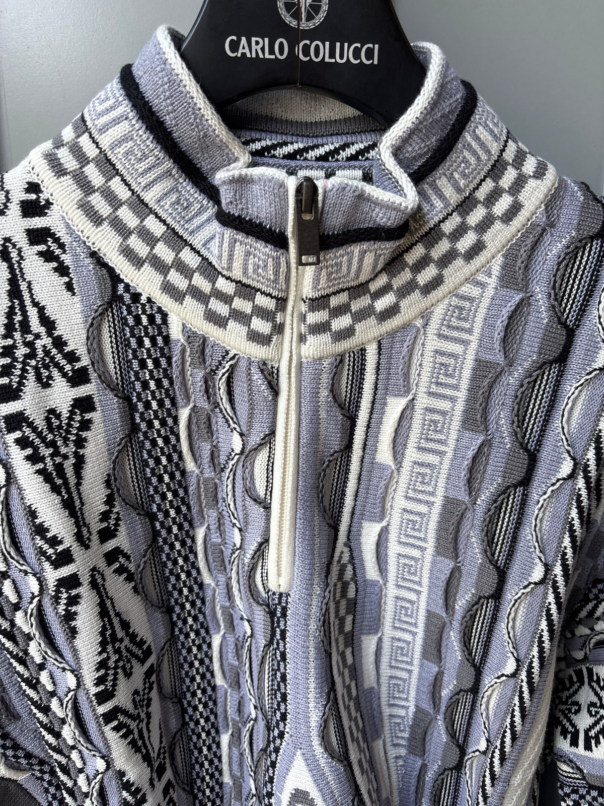 Carlo Colucci Strickjacke – Blau/Grau/Weiß – Jacquard-Muster – Zip Cardigan