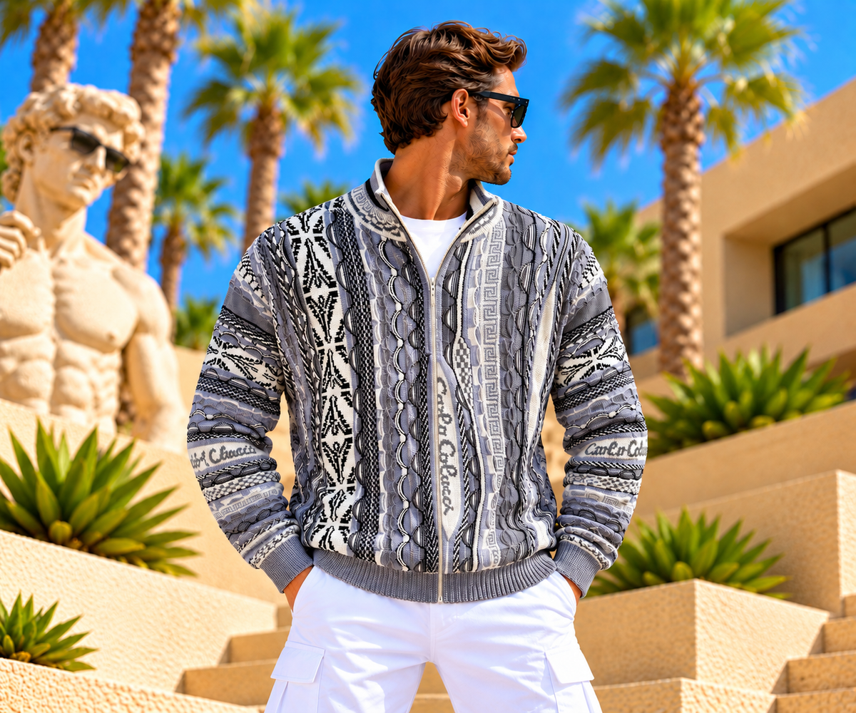 Carlo Colucci Strickjacke – Blau/Grau/Weiß – Jacquard-Muster – Zip Cardigan