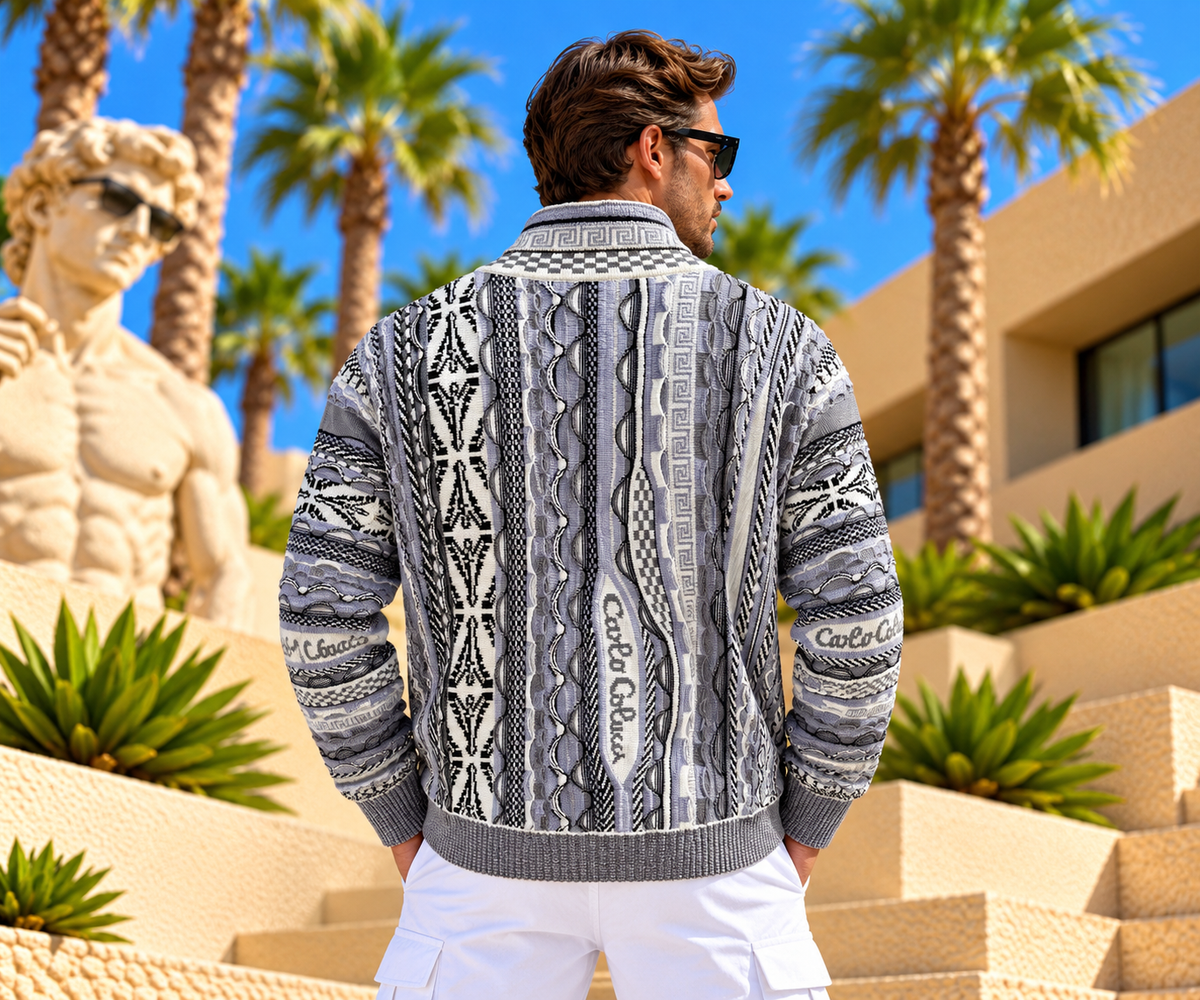 Carlo Colucci Strickjacke – Blau/Grau/Weiß – Jacquard-Muster – Zip Cardigan
