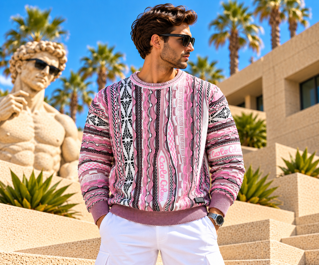 Carlo Colucci Strickpullover Pink – Mehrfarbiges Jacquard-Muster