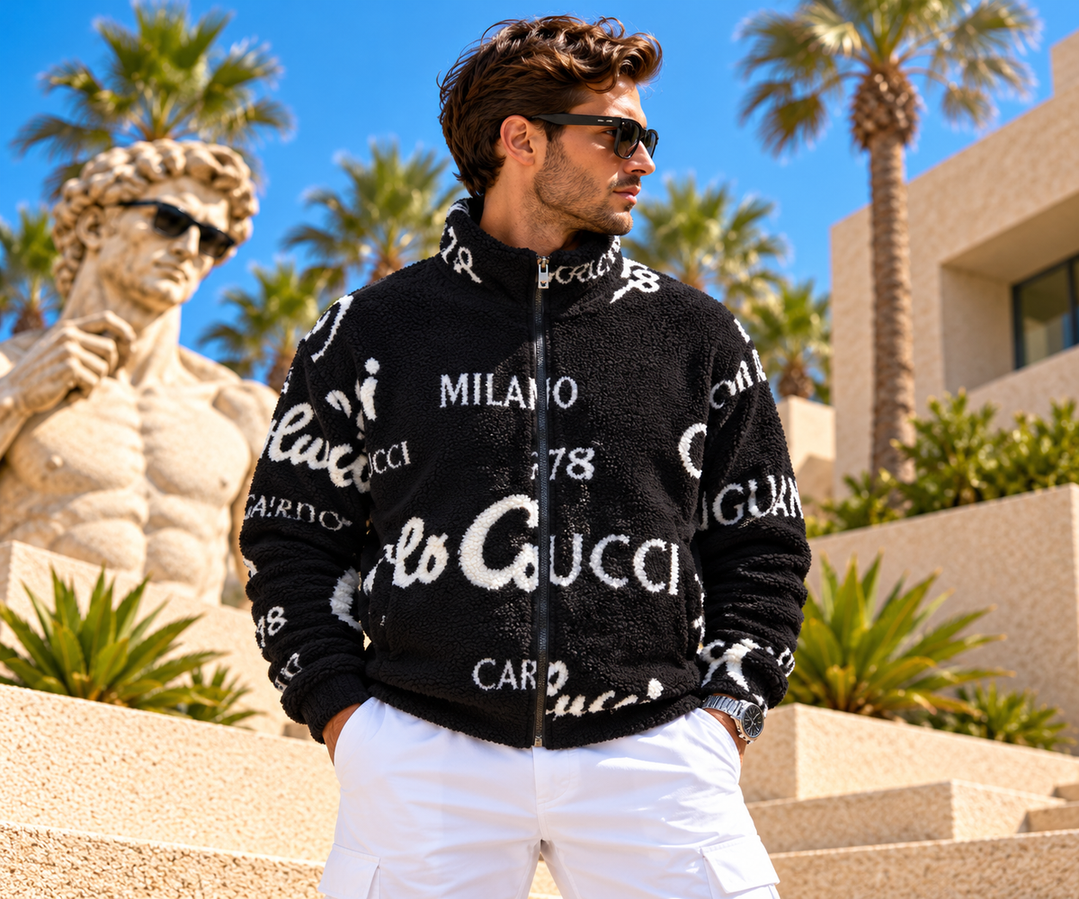 Carlo Colucci Fleecejacke Schwarz – Milano 1978 – AOP Print