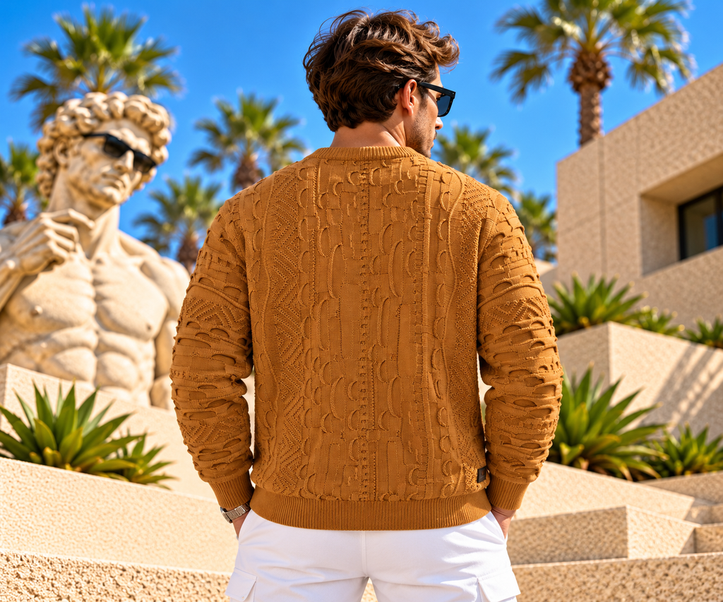 Carlo Colucci Strickpullover – Braun/Camel – Strukturmuster