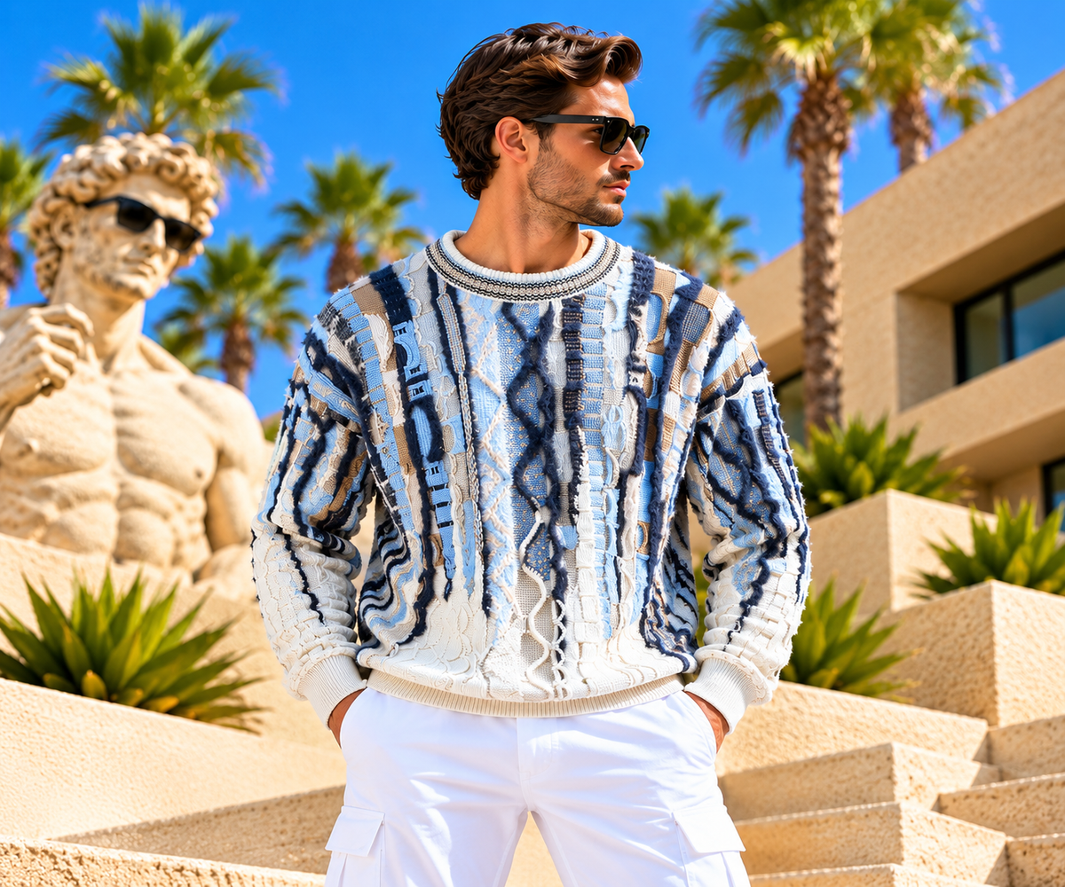 Carlo Colucci Strickpullover – Blau/Weiß mit Fluffy Garn