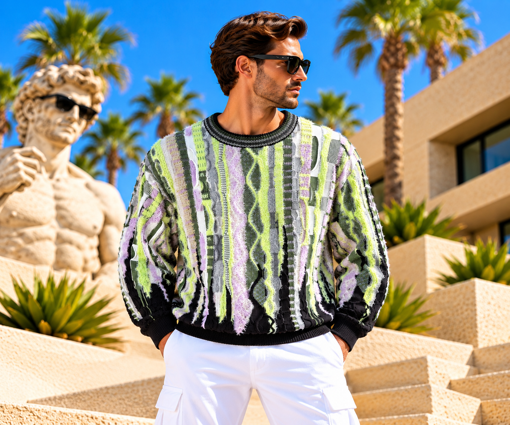 Carlo Colucci Strickpullover – Black/Lime/Lilac mit Fluffy Garn