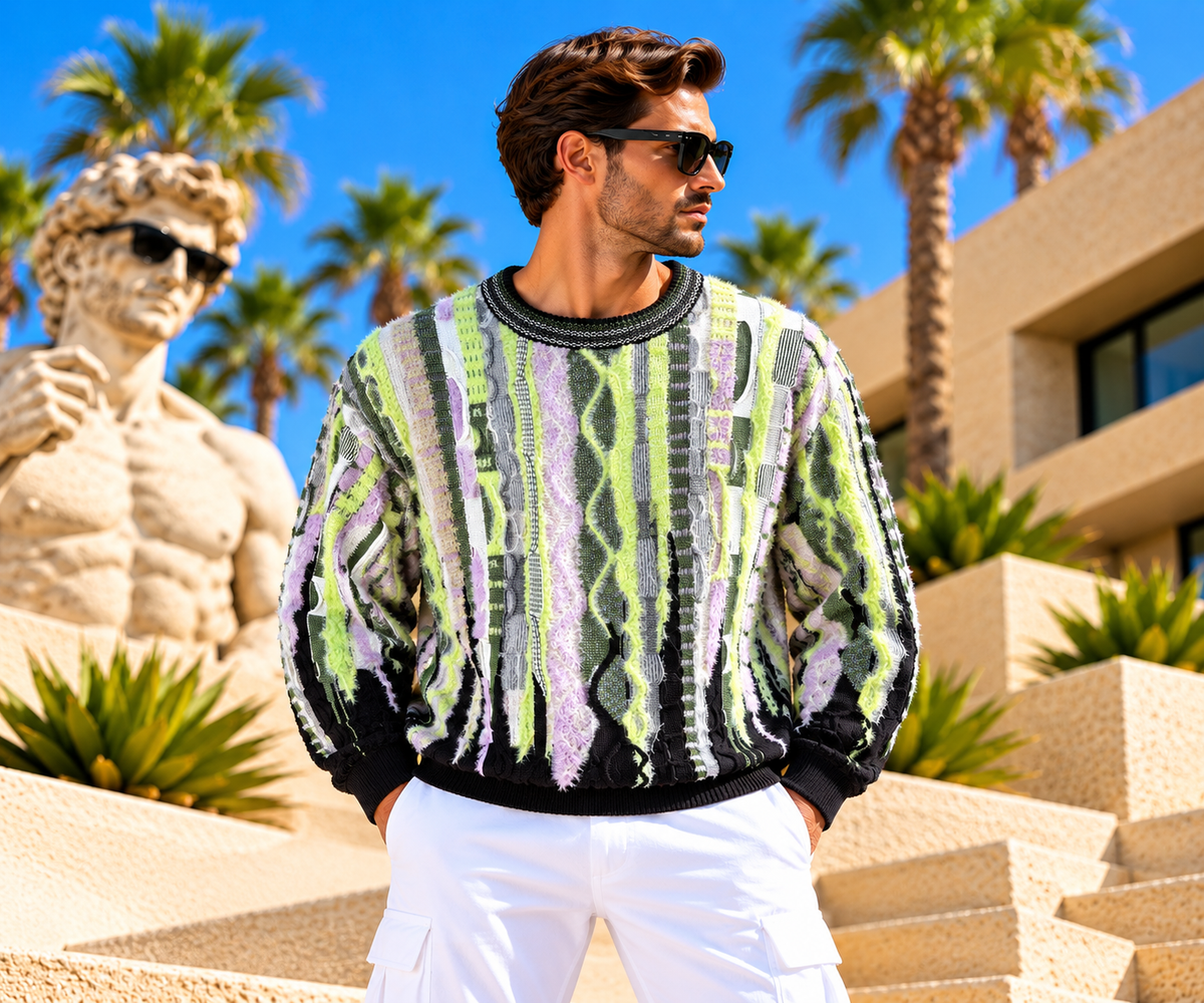Carlo Colucci Strickpullover – Black/Lime/Lilac mit Fluffy Garn