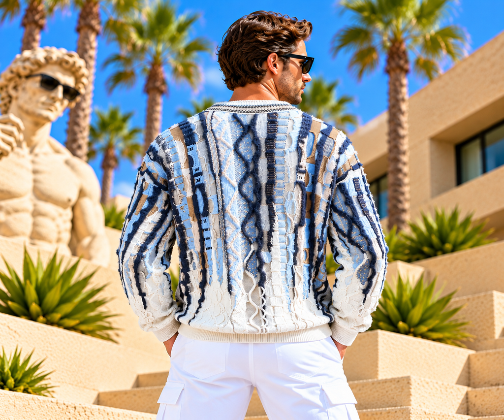 Carlo Colucci Strickpullover – Blau/Weiß mit Fluffy Garn