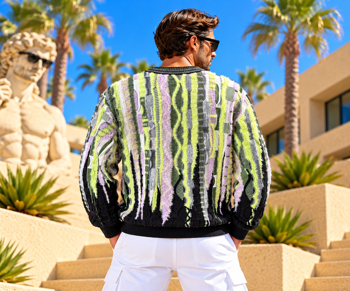 Carlo Colucci Strickpullover – Black/Lime/Lilac mit Fluffy Garn