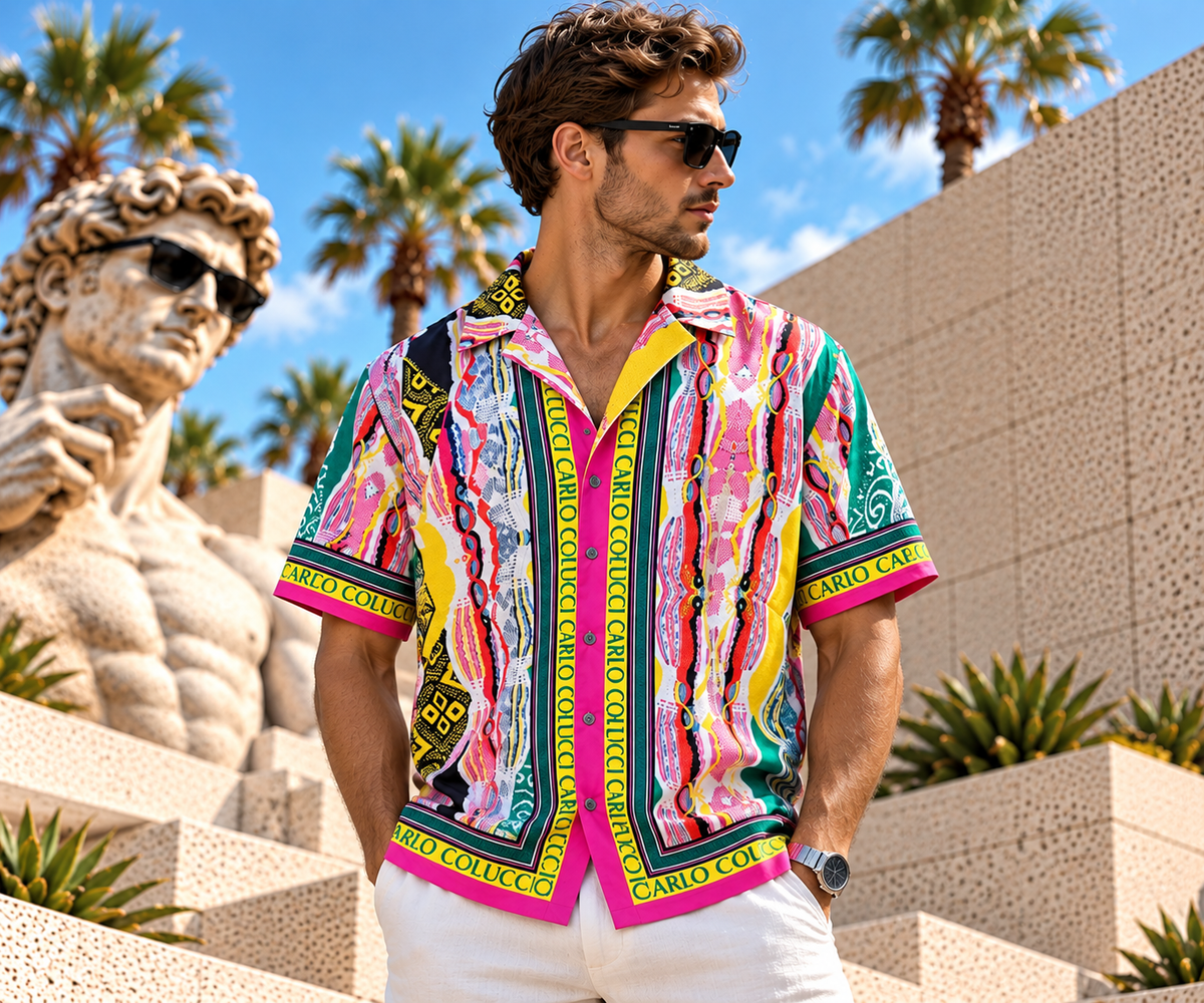 Carlo Colucci Hemd Kurzarm – Multicolor Muster – Retro Designerhemd