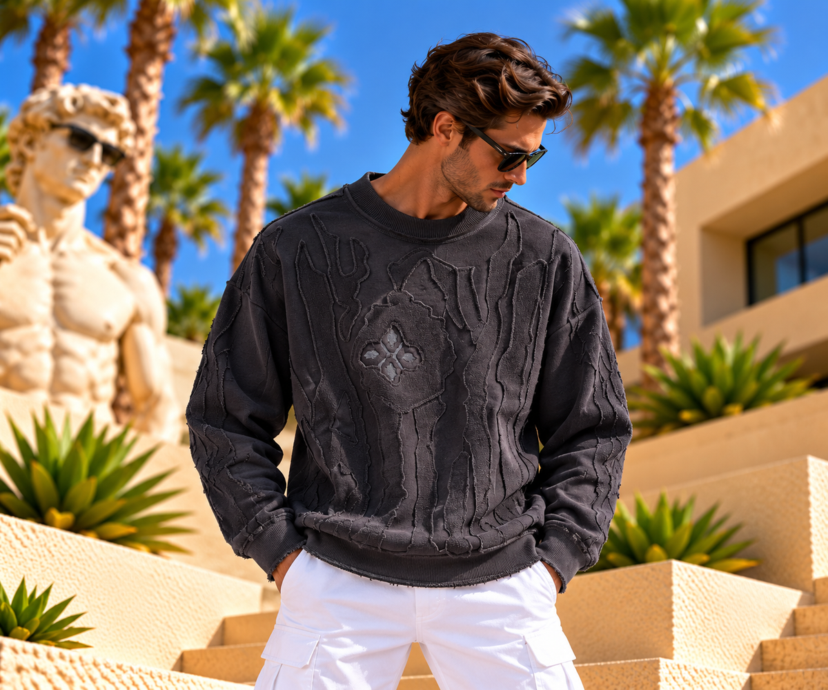 Carlo Colucci  Sweatshirt – Anthrazit/Schwarz – Ton-in-Ton 3D-Muster